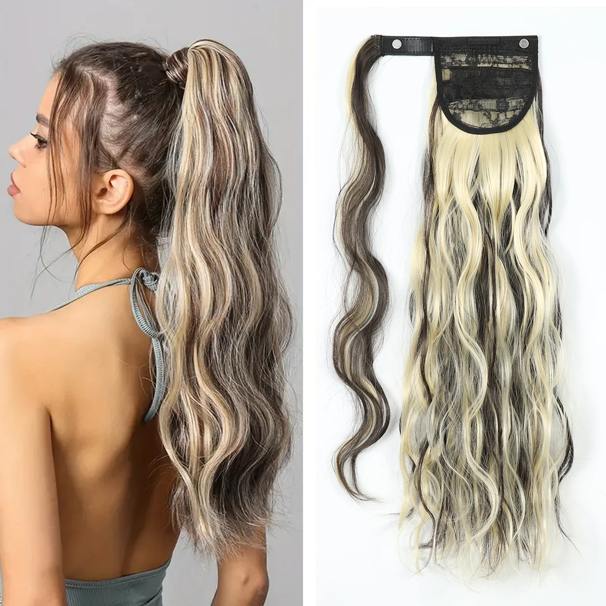 24 inch long wavy ponytail wrapped clip style ponytail hair extensions, synthetic heat-resistant hair patches