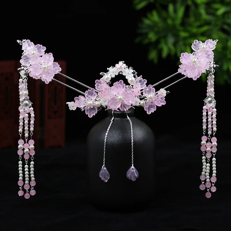 Chinese Wedding Jewelry Set Floral Tassel Hair Stick Fork Girls Retro Hanfu Decor Hair Clip Classic Tiaras Earring Jewelry Set bridal jewelry sets