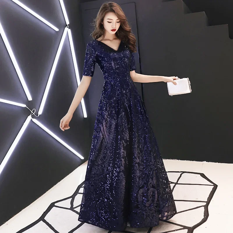 Evening Dresses Navy Blue Sequins Bling V-neck Half Sleeves Zipper Back A-line Floor Length Plus size Women Party Formal Gowns