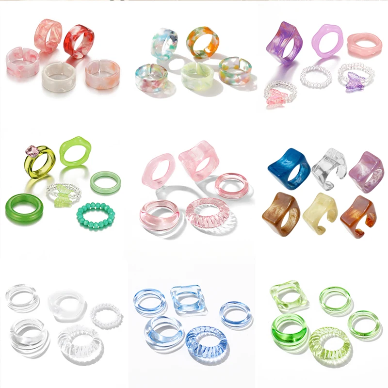 Korean Colorful Transparent Resin Acrylic Rings Set for Women Trendy Geometric Square Round Ring Wedding Jewelry 17KM finger ring wedding rings ring set wedding ring