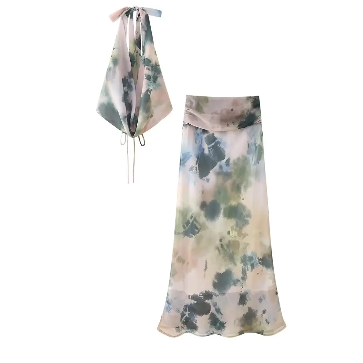 

Set woman 2 pieces New Bow Decoration Sexy Sleeveless Tie Dyed Hanging Neck Top Retro Backless Female +Skirts Women's Suit