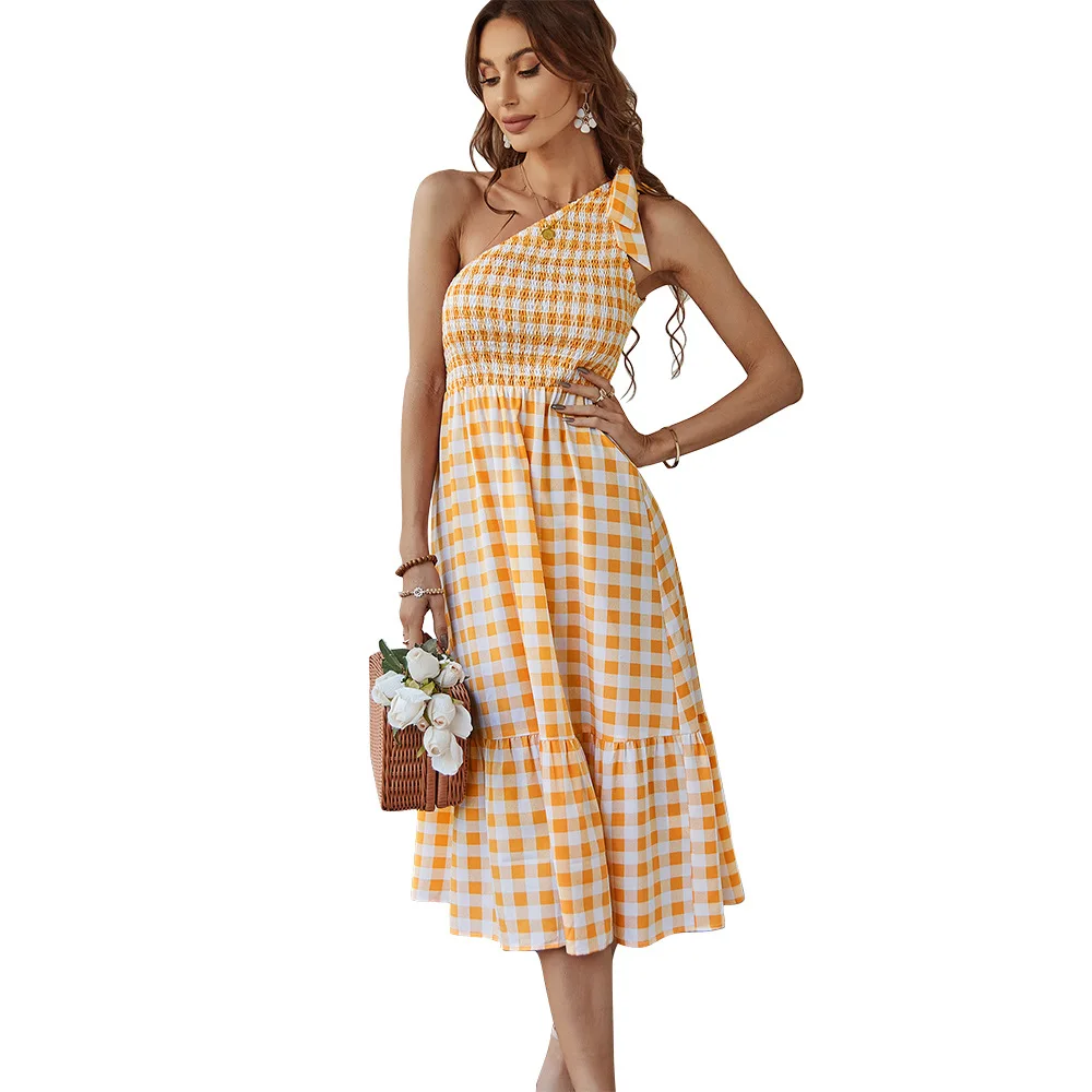 Orange Plaid Dress Fashion Slanted Shoulder A Line Dress Casual Women