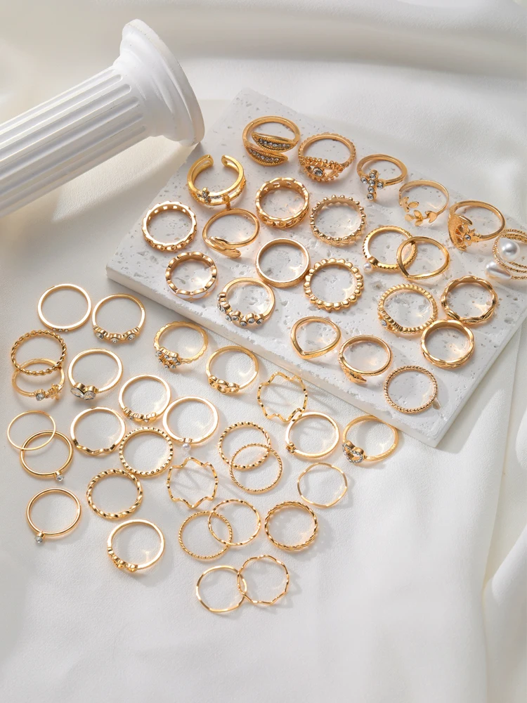 New 50 Pcs Bohemian Gold Color Ring Set For Women Vintage Minimalist Geometric Pearl Love Finger Rings 2024 Trendy Jewelry Gifts