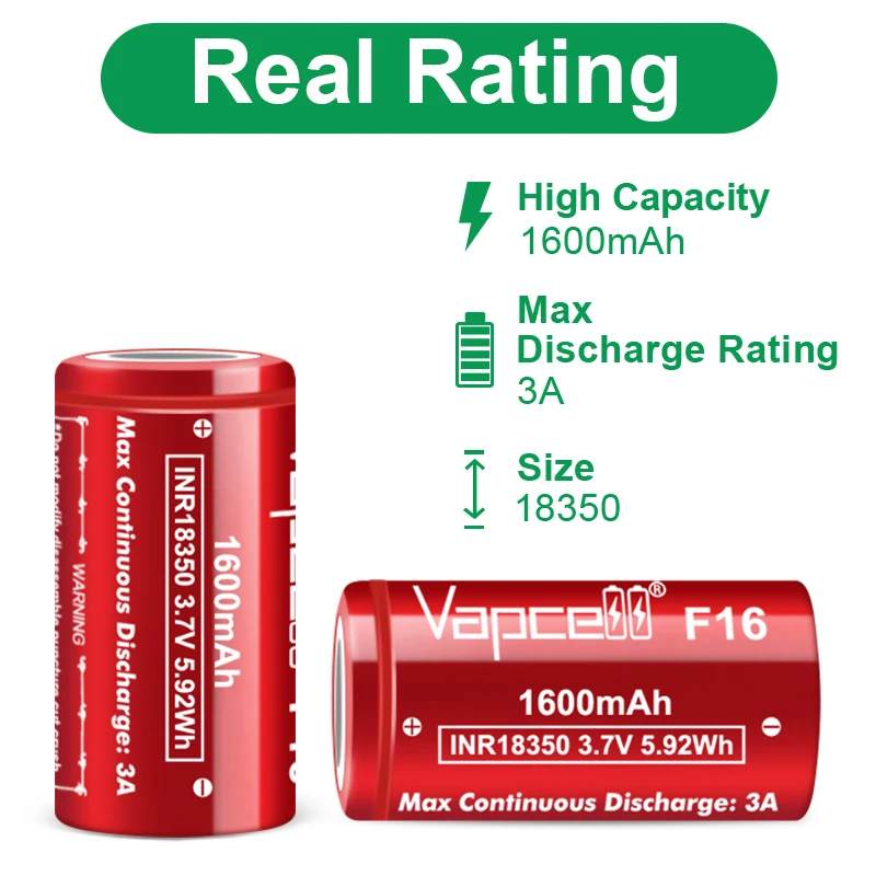 Highest Capacity Original Vapcell F16 18350 1600mah Battery INR18350 3.7V Rechargable Batteries Li-ion Battery For Power Toys