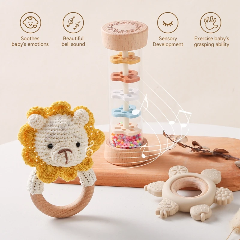 Rain Stick Rainbow Hourglass Rattle Toys Set BPA Free Silicone Soothing Toys Crochet Animal Wooden Bracelet Teether 3pcs teething toys silicone teething toys