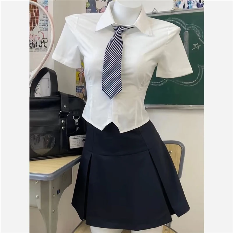 American Hot Girl Style Short Skirt Pleated Skirt Suit JK Uniform Suit Short-sleeved Shirt and Tie Female Summer Vest Shirt Sets