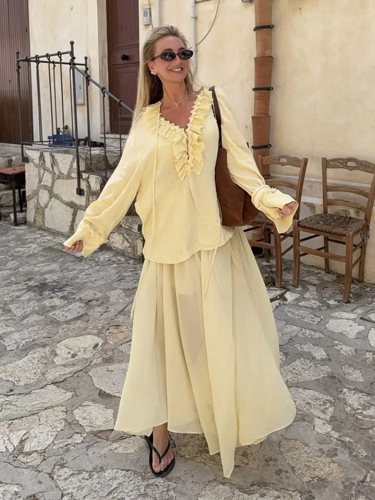 HH Women Ruffles Lace-up Blouse Skirt Set Long Sleeve V Neck Shirt Pleated Midi Skirt Fashion Lady High Street Yellow Outfit
