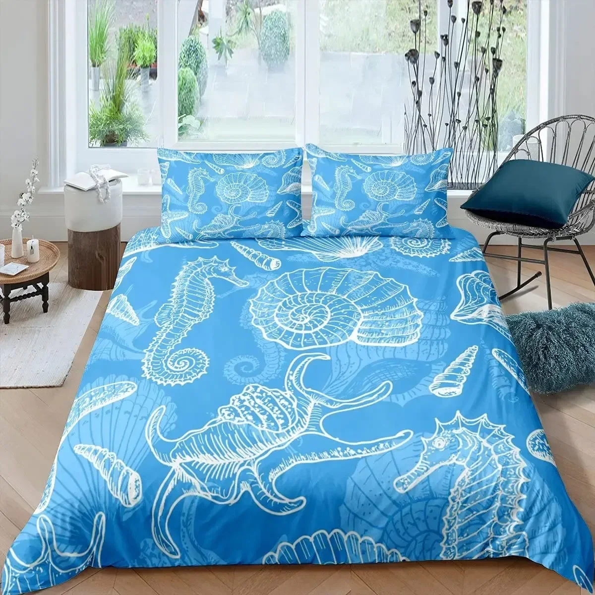 Sea Horse Bedding Set Ocean Duvet Cover King Queen Size Orange Coral Marine Life Home Textile Sea Urchin Soft Quilt Cover 5