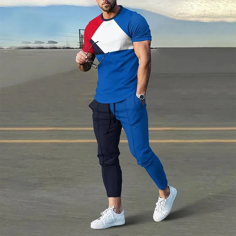 Summer New O Neck Harajuku Y2K Printing Tee Casual Fashion Pants Set Hombre Perspective Patchwork T-shirt Top Sporty Trousers 5