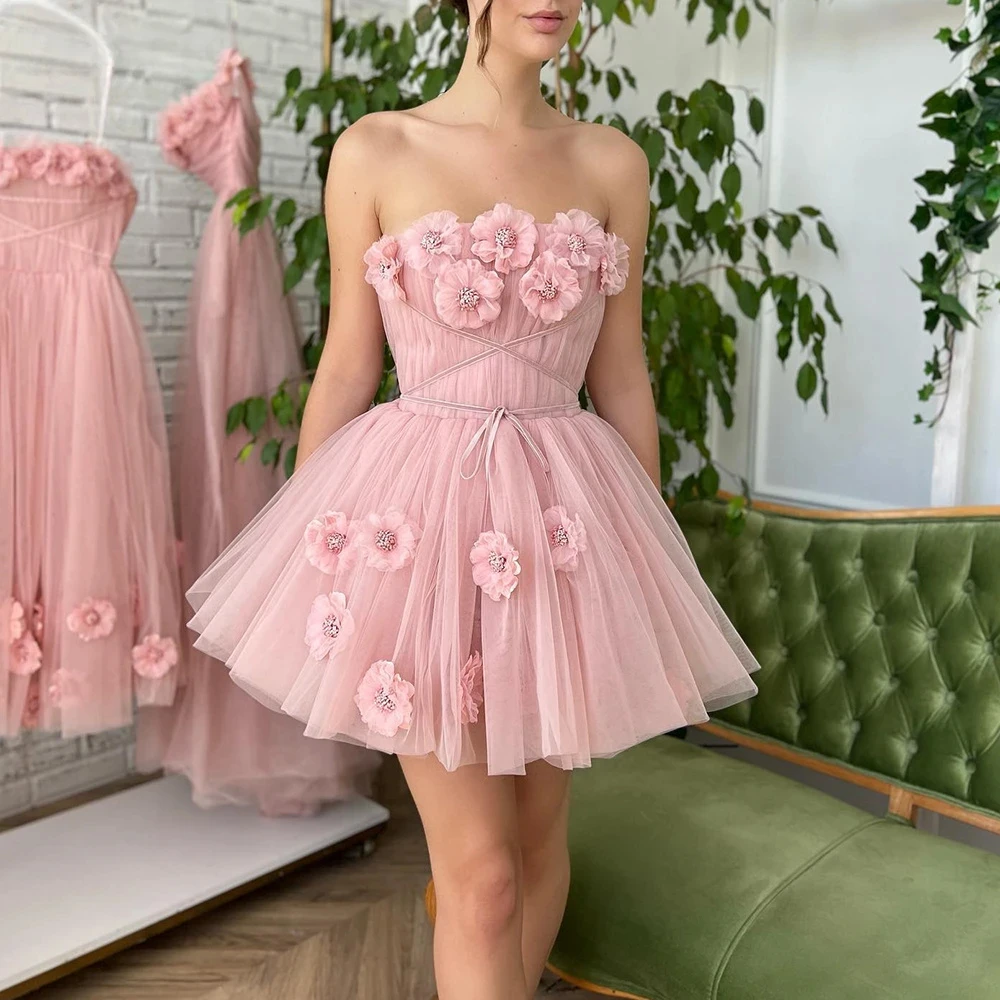 

Elegant Lovely Girl Pink Tulle Homecoming Short Dresses Strapless Women Formal Party Mini Dress