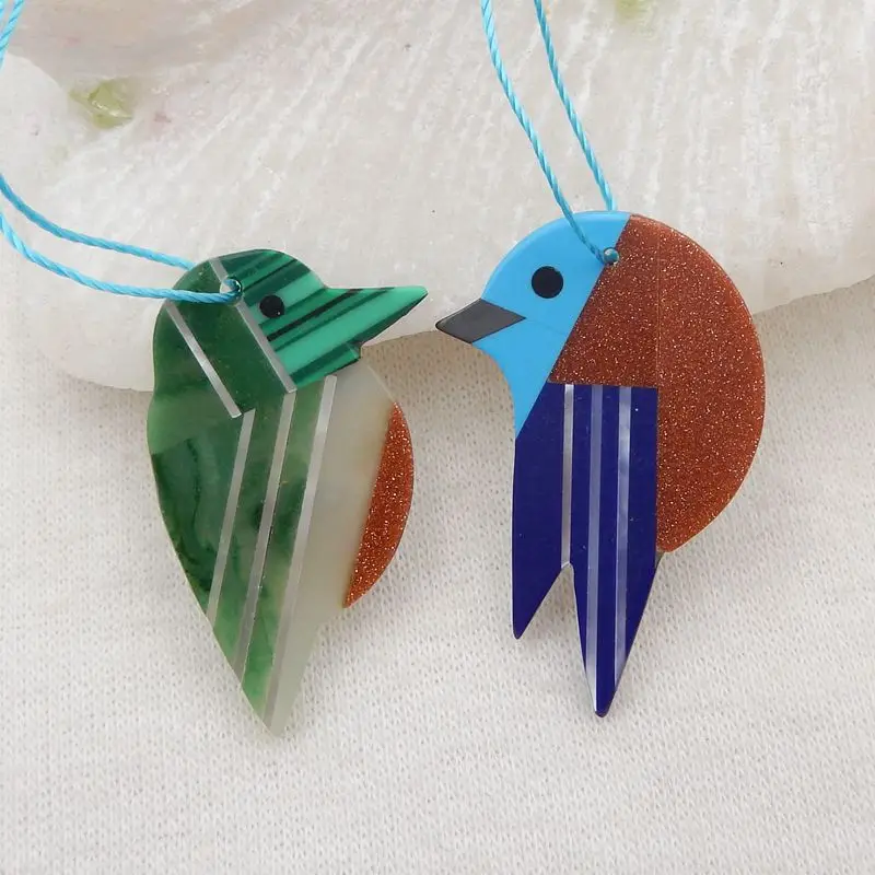 New Design!2Pcs Natural Stone Bird Shape Intarsia Pendant Beads,32x21x2mm 30x17x2mm 3g Fashion Jewelry Necklace Accessories