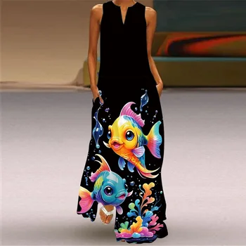Women's Retro Summer V-neck Sexy Fashion Printed Sleeveless Long Dress Women's Elegant Robe Party  Casual Vintage Y2k Vestidos 1