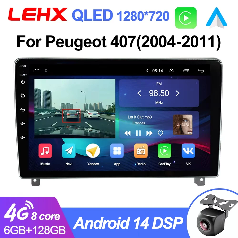 LEHX L6Pro 자동차 라디오 비디오 멀티미디어 플레이어, 푸조 407 1 2004 2011 카플레이, 내비게이션 GPS 스테레오, 안드로이드 14, 2 din