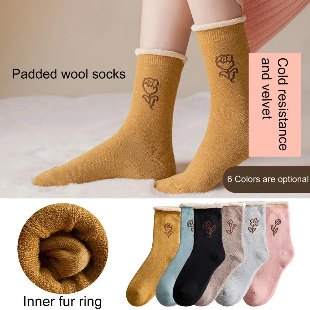 

1 Pair Mid-Tube Ribbed Cuffs High Elasticity Women Socks Winter Floral Print Thickened Fleece Lining Thermal Socks Daily Wear