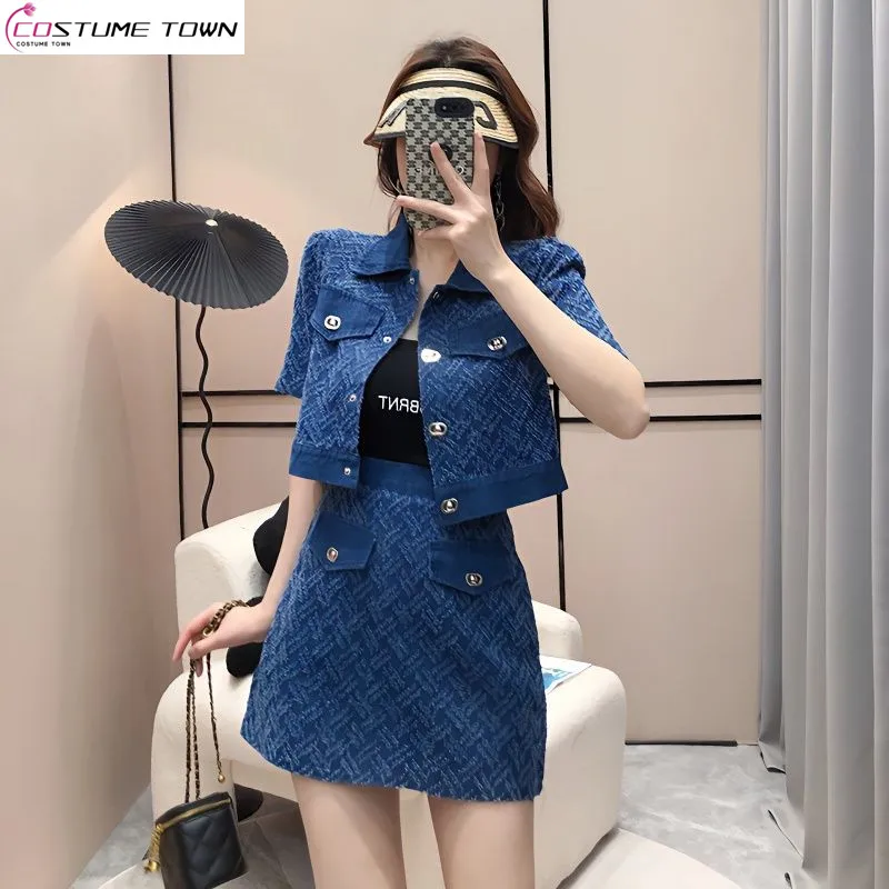 Fashion Age Reducing Denim Set Women's Summer Short Sleeve Shirt Top+Slim High Waist A-line Half Length Short Skirt