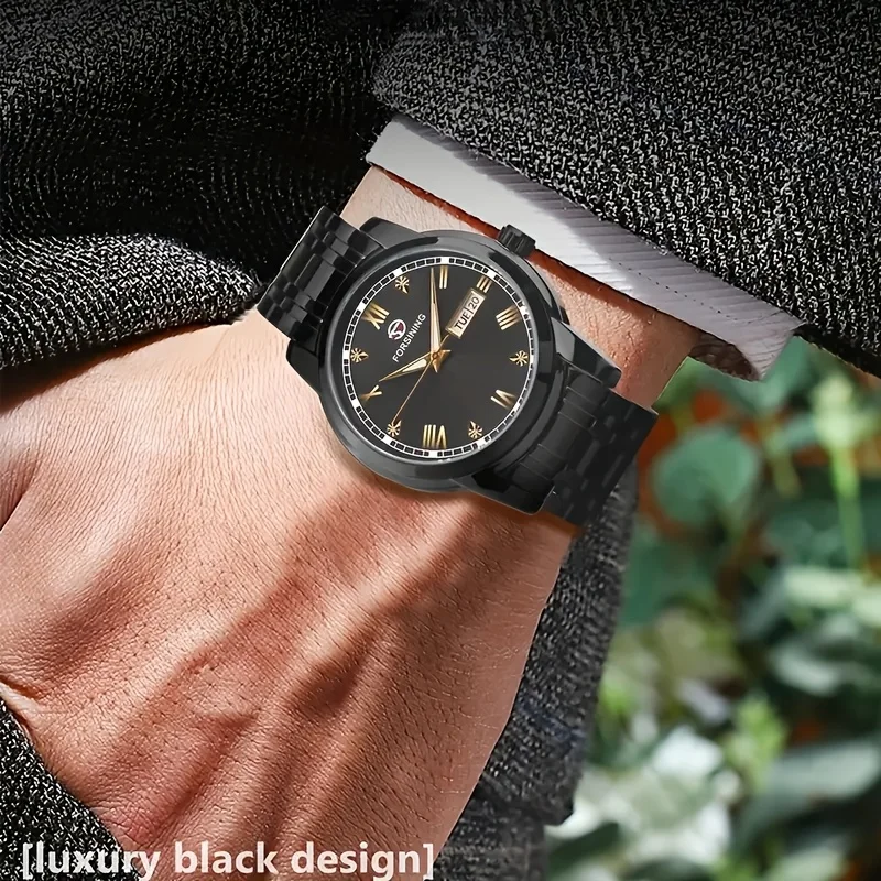Orologio meccanico automatico da uomo di lusso di alta gamma - Stile business, visualizzazione del calendario alla moda, cassa in lega e cinturino in acciaio inossidabile, elegante design ritagliato_voghion.com