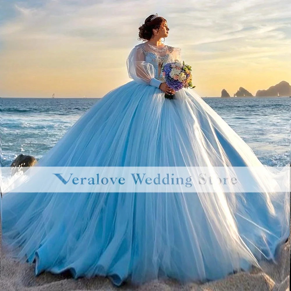 

Princess Light Blue Quinceanera Dresses With Long Sleeves Tulle Sweet 16 Prom Party Dress Appliques Vestidos De 15 Años