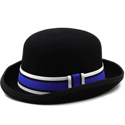 Simple 100% Australia Wool Felt Black Derby Bowler Hat For Men Women Feather Satin Lining Casual Formal Fedora 56-58CM