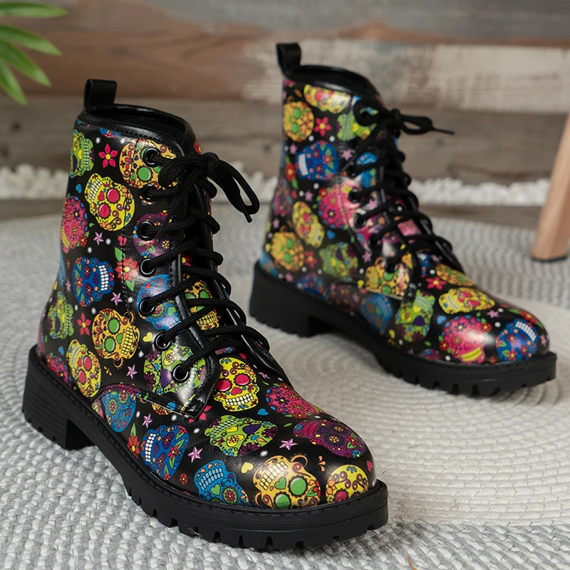 

Women Skull Print Boots Lace Up Halloween Vintage Chunky Motorcycle Boots Punk Platform Casual Shoes Female High Quality Boots