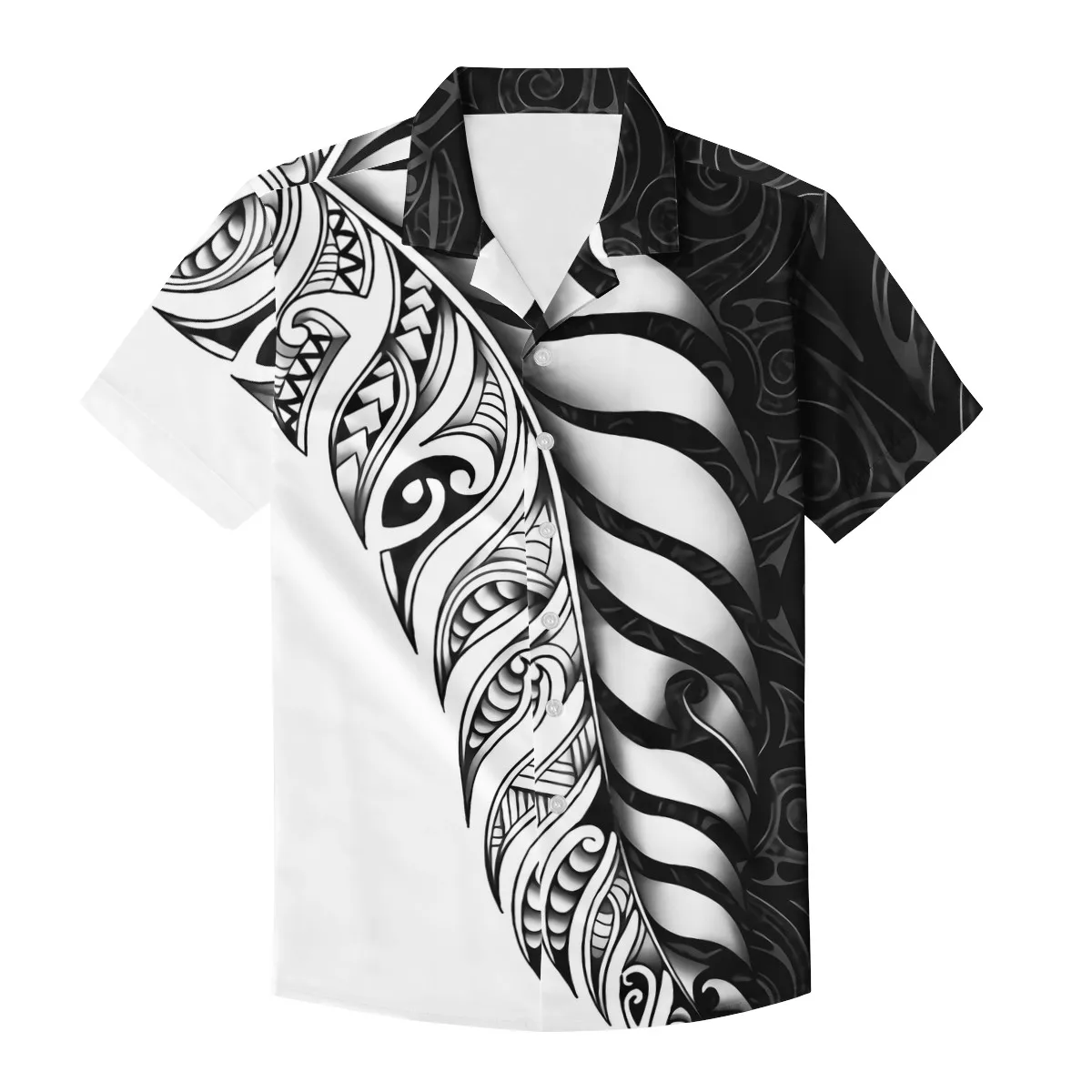 2022 Men's Short Sleeve Black Grey Print Cuban Stand Collar Shirt Plus Size Tribal Polynesian Vintage