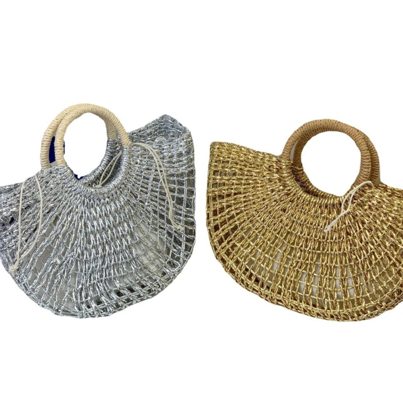 New Heavy Metal Style Basket Tote Bag Straw Bag Fashion Women's Exclusive Woven Bag Handbag Moon Bag