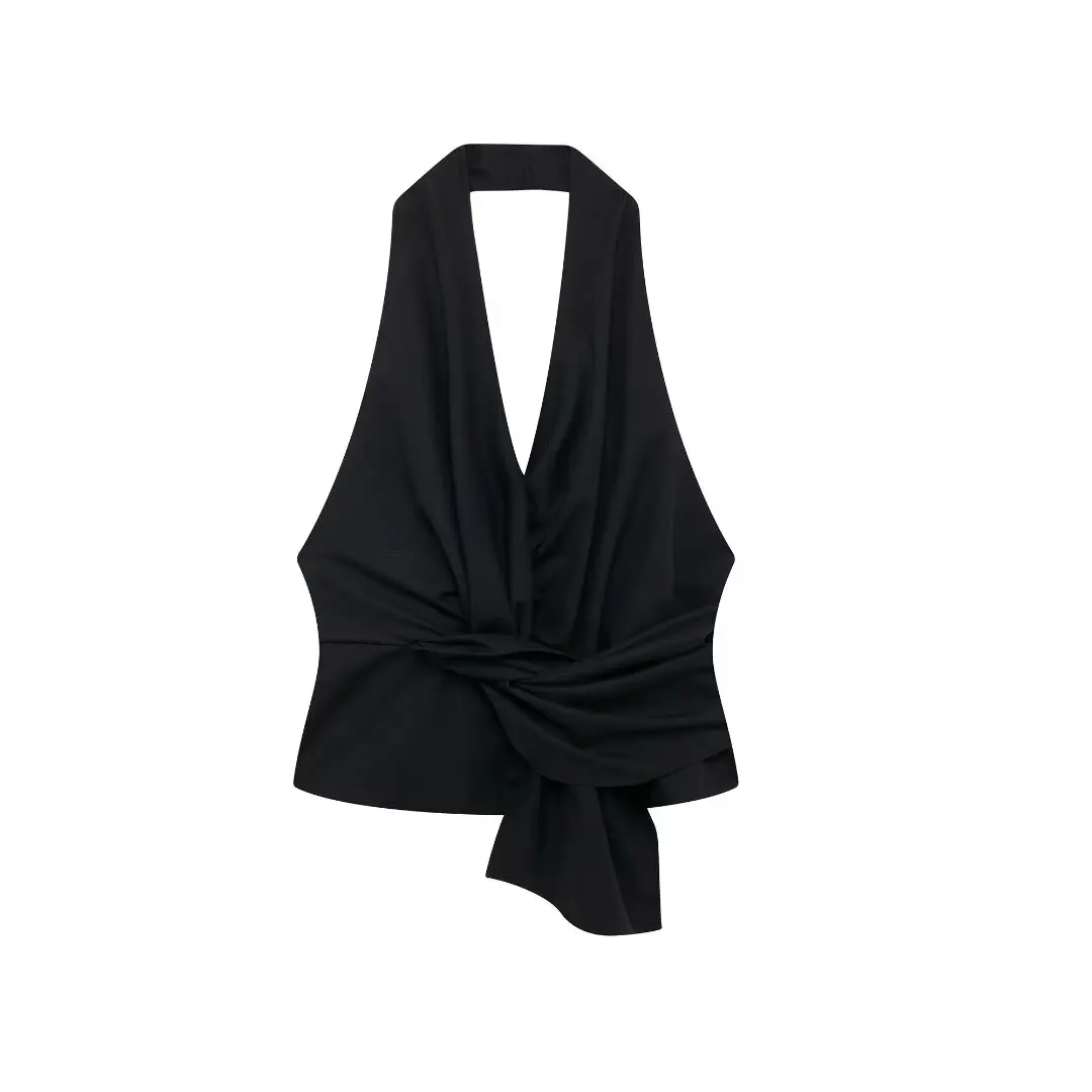 thumbnail image 1 of HH TRAF 2024 Conjuntos femeninos con escote en V, sin mangas, espalda descubierta, cremallera, blusa + cintura elástica, pantalones anchos con cordones, traje de verano para mujer a la moda, 1 of 5