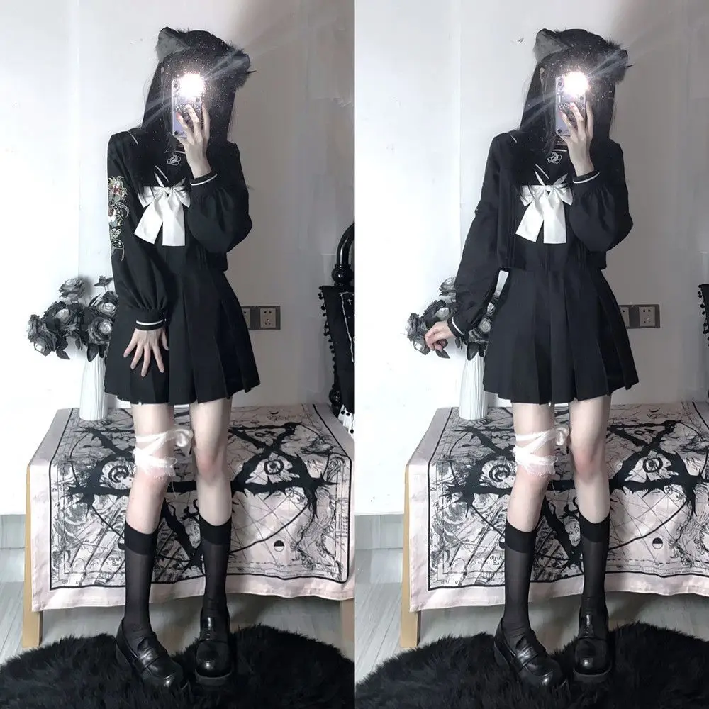 

New Black Style Long Sleeve Arm Embroidery Jk Sailor Suits Pleated Skirt Fuku Japanese School Uniform Anime COS Costumes Women