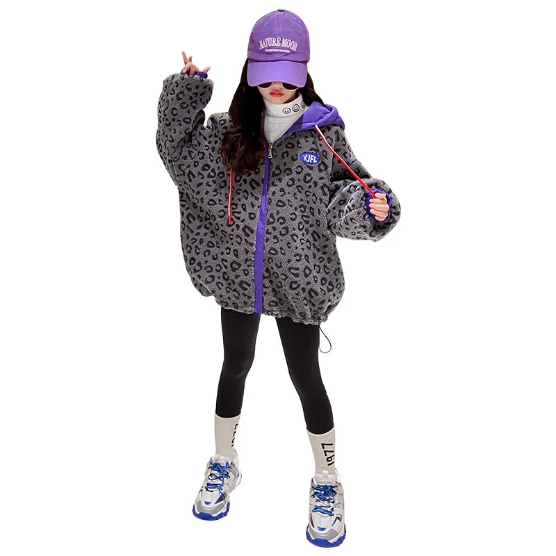 Kid Girls Clothes Autumn Winter Fleece Thick Warm Top Fashion New Leopard Print Hooded Jacket Double-sided Coat for Teens 3-14 Y
