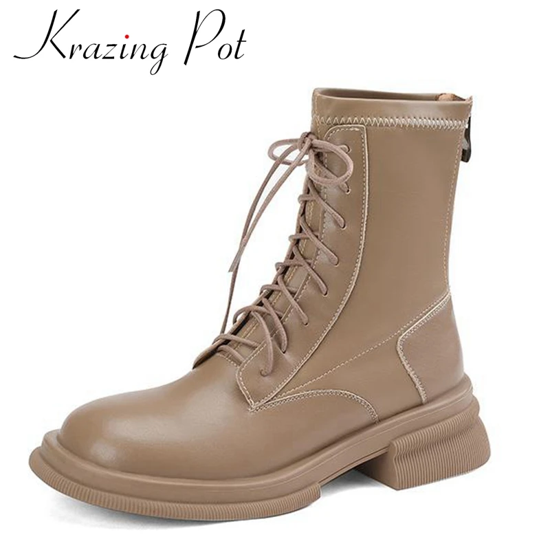

Krazing Pot Full Grain Leather Round Toe Med Heels Fashion Boots Thick Bottom Causal Cross-tied Winter Shoes Zipper Ankle Boots