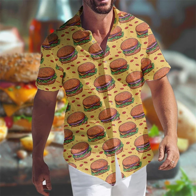 thumbnail image 1 of Camisa hawaiana con gráfico de hamburguesas y papas fritas para hombre, camisas hawaianas holgadas de manga corta con estampado 3D de comida, blusas de calle con solapa, 1 of 5
