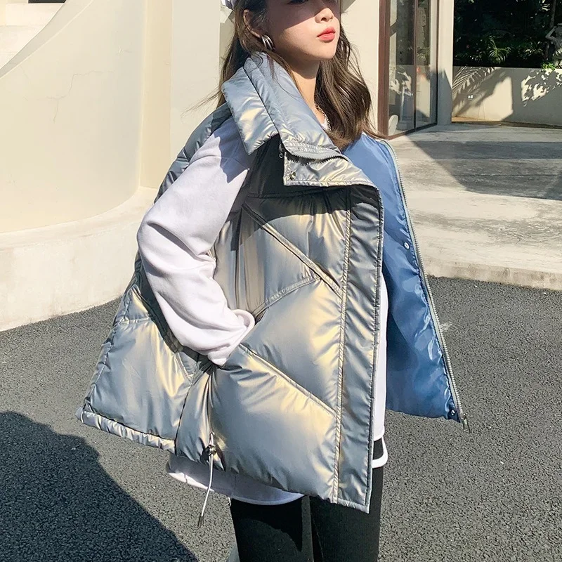 New Korean Version of The Drawstring Thick Down Cotton Vest Women's Winter Vest Loose and Thin Stand-up Collar Fashion Vest