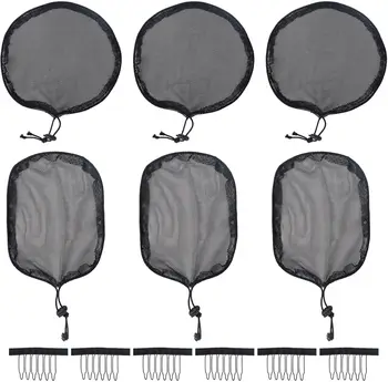 5 Pieces Black Weaving Net Cap Elastic Drawstring Ponytail Hair with 3pcs Mesh Clips for Making Afro Puff Bun Wig Tools Women