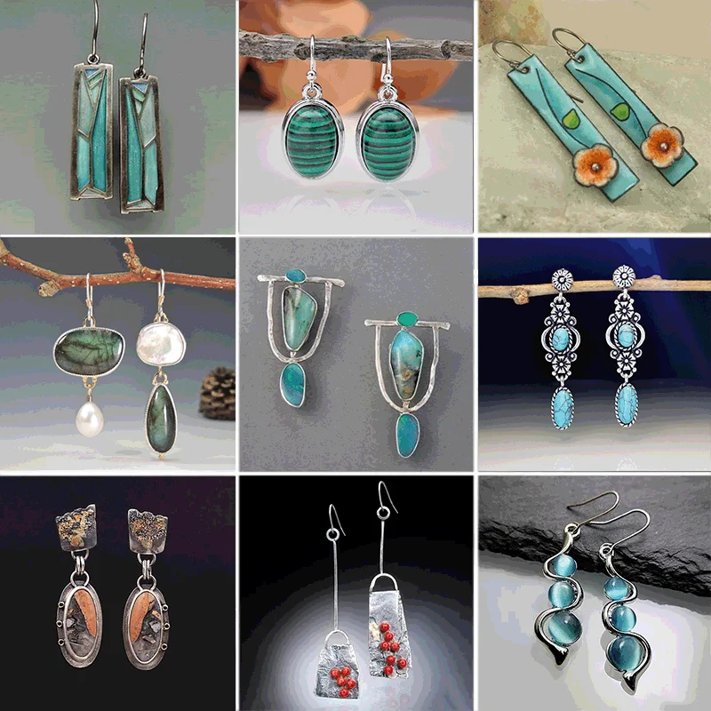 Pendientes Colgantes De Howlita Turquesa Verde | Chapados En Oro | Diseño Ovalado Para Mujer | 60 Mm