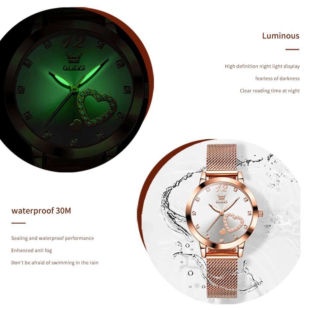 OLEVS 5189 Women's Watch Quartz Wristwatch Casual Fashion Watch for Ladies Waterproof Luminous Mesh Belt Love Dial Zircon Scale 3