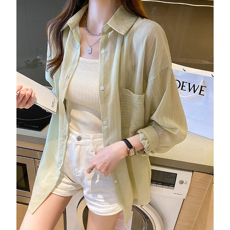 

Oversize Loose Blouse Women 2023 Summer New Sunscreen Shirt Thin Women Tops Oversize Shirt Female Transparent Shirt