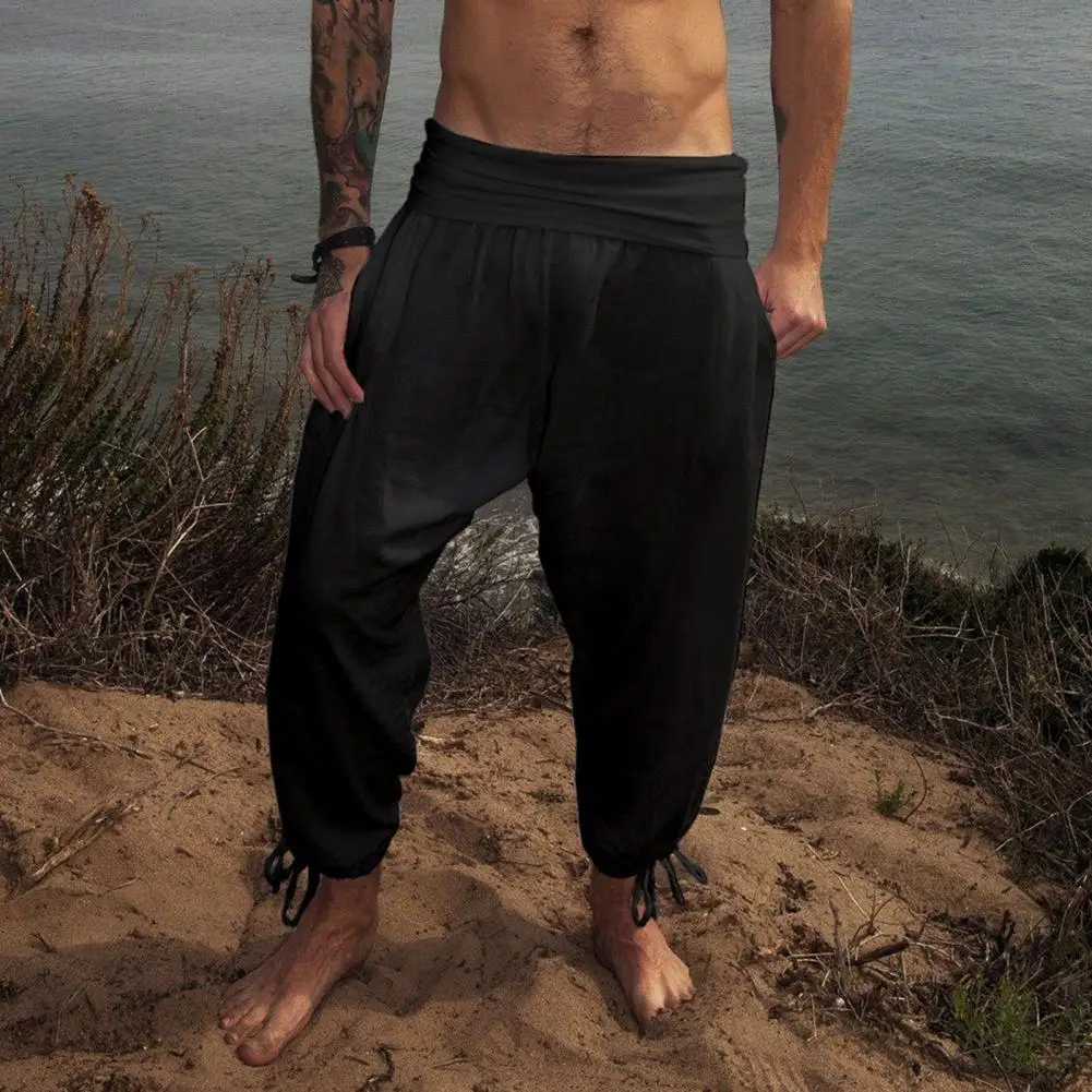 Solid Color Pants Men Pants Vintage Solid Color Men's with Wide Waistband Ankle-banded Design Breathable Soft for Beach