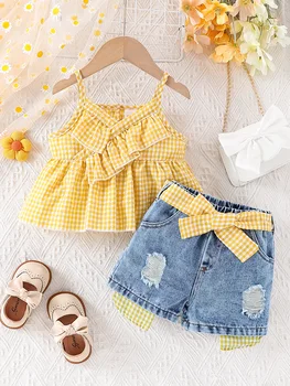 Summer Baby Girls Clothing Set & Denim Shorts Set 2-6Y | Yellow Plaid Ruffled Cami, Distressed Denim with Bow | Soft Breathable 1