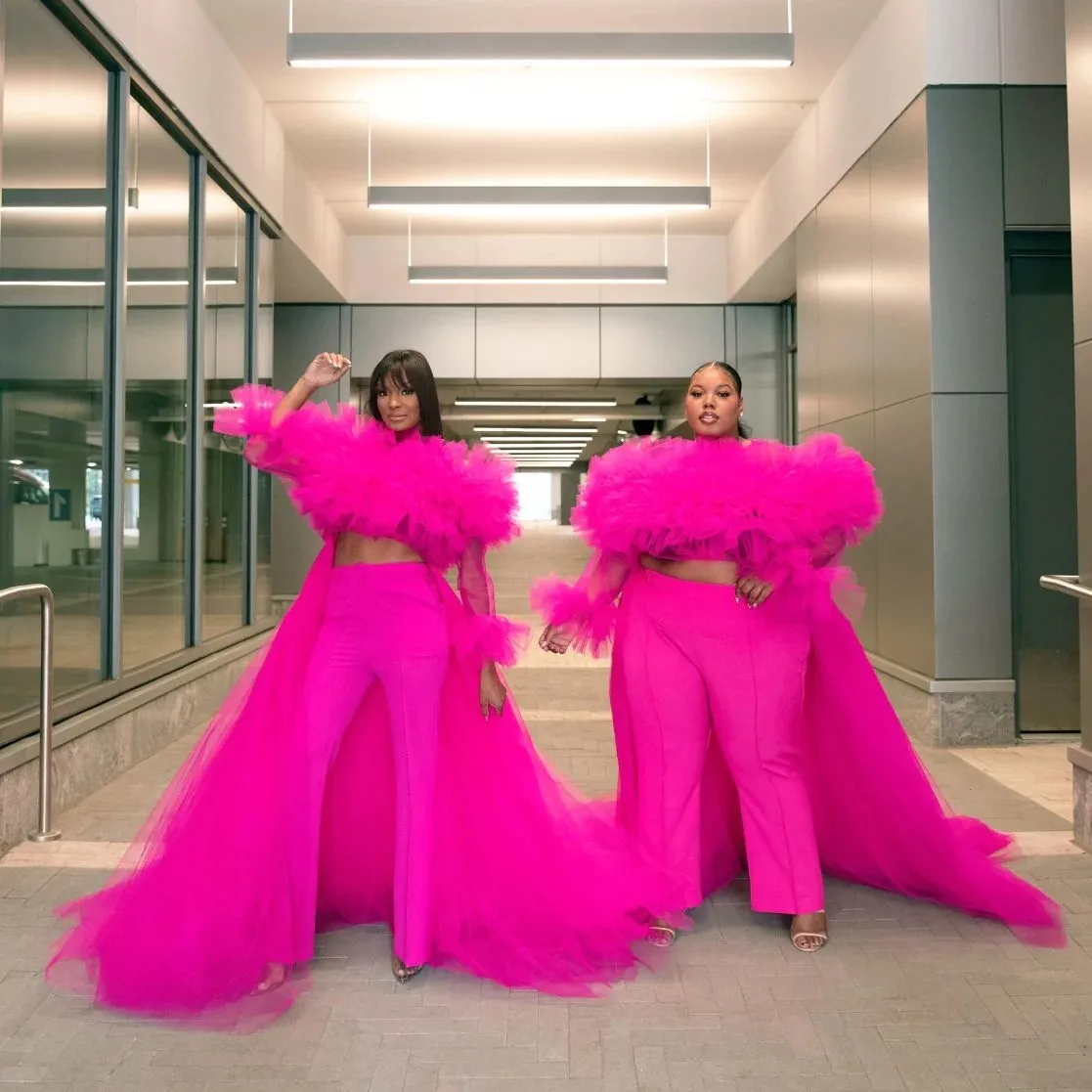 

Hot Pink Tulle Prom Gowns with Pants Ruffles Tiered Blouse Train Tail Tulle Formal Party Dress Lush Full Sleeve Custom Made