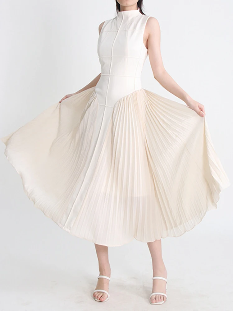 

Fashion Women's Pleated Patchwork Dress Summer Stand Collar Sleeveless Elegant Temperament A-line Midi Vestido 2024 New XX384