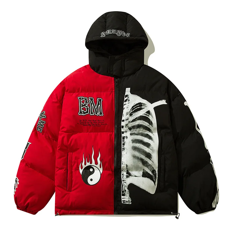 Mens Winter Hooded Parka Jacket Yin Yang Skeleton Print Streetwear Oversized Coat Harajuku Loose Thick Warm Outwear Unisex parka coat,parkas coat
