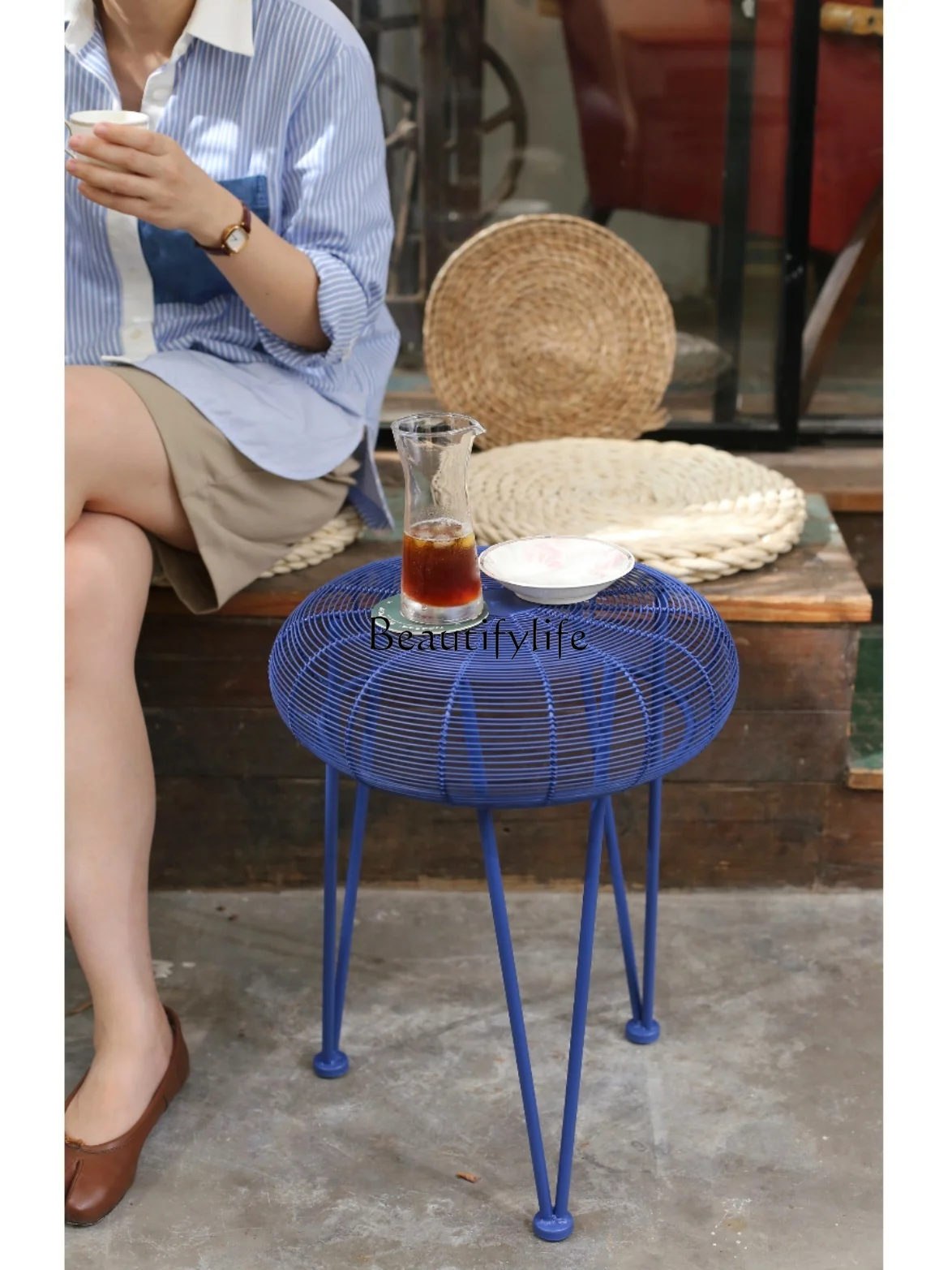 

Nordic Style Modern Metal Craft Klein Blue Fan Side Table Stool