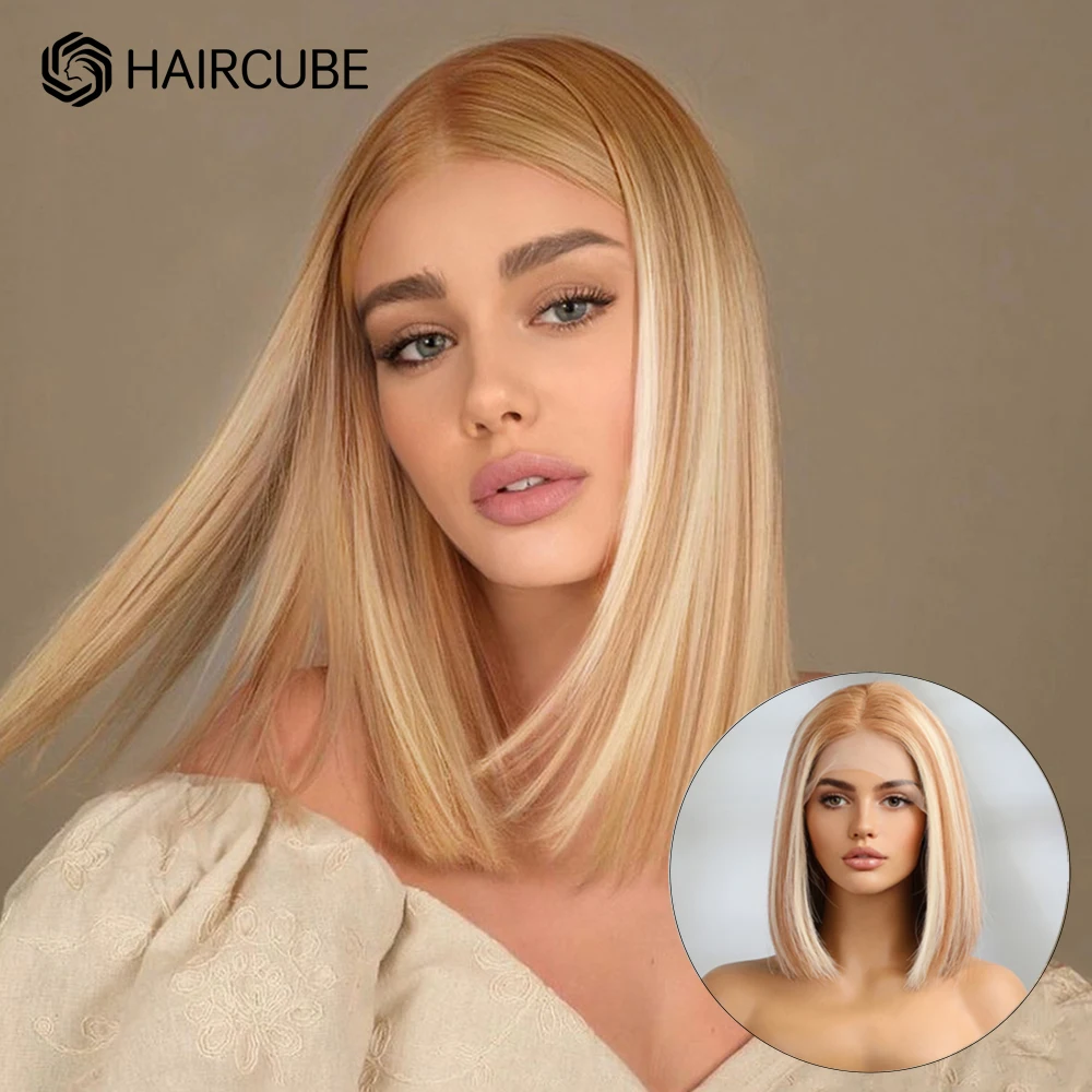 

Волосы HAIRCUBE 12 дюймов медово-коричневый блонд хайлайтер парик из человеческих волос 13 × 5 × 1 Боб кружевной передний парик длинные волосы для женщин