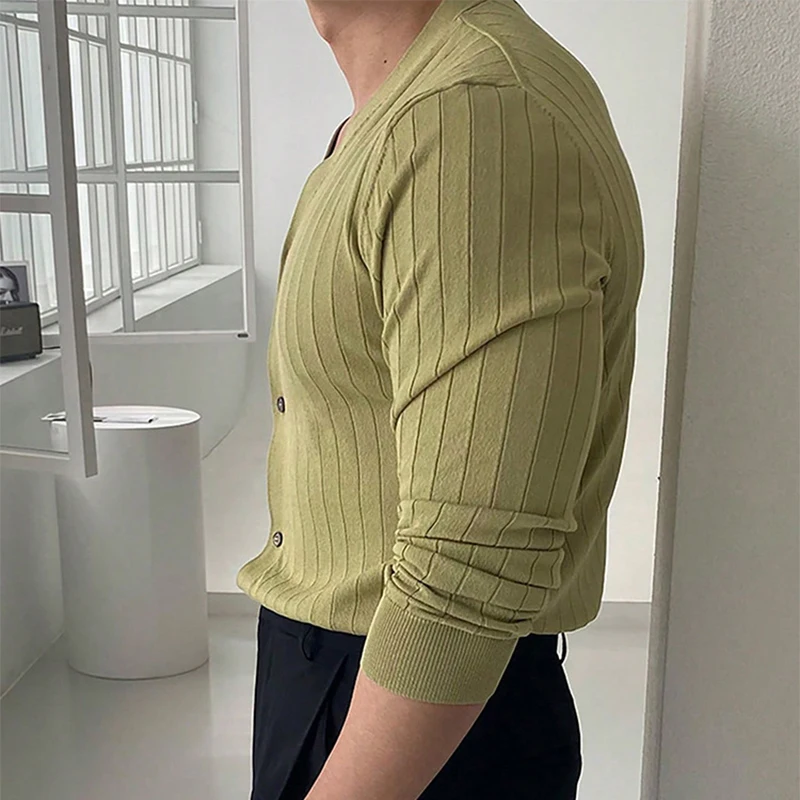 남성용 캐주얼 긴팔 니트 셔츠, V넥 골지 상의, 빈티지 순색 가디건, 단추 스트리트웨어, 가을 신상