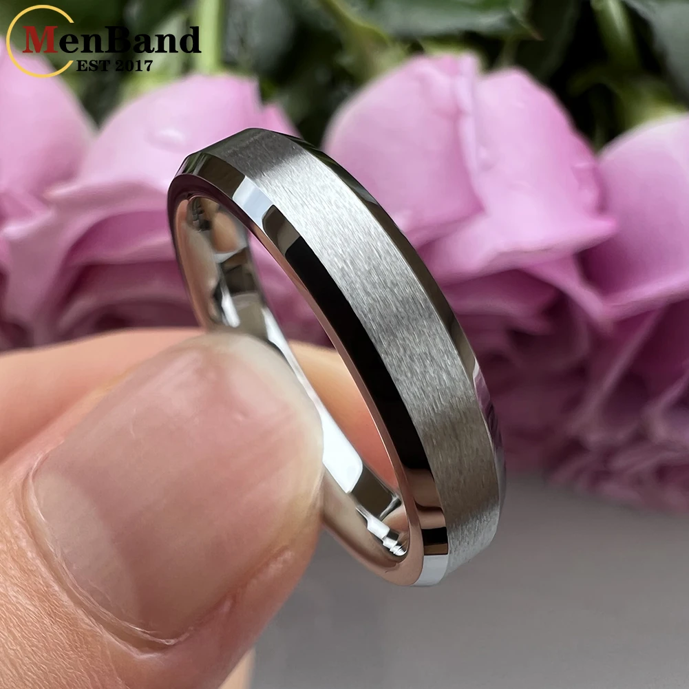 MenBand Fashion 4MM Silver Color Tungsten Carbide Wedding Band Rings Beveled Polished Edges Matted Finish Comfort Fit Size 4-12