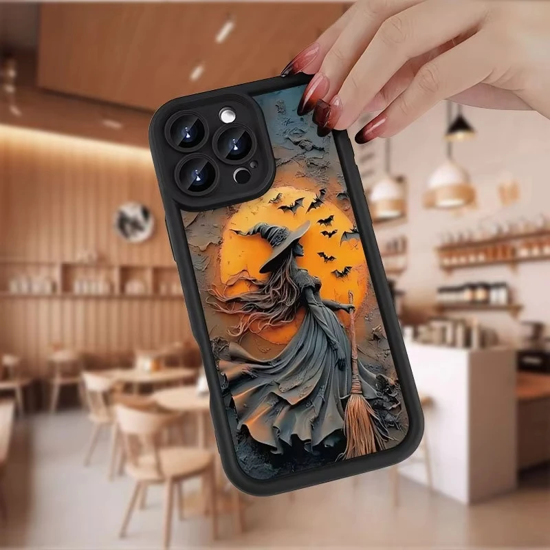 Glowing Moonlight Witch Broom & Bat Silicone Phone Case