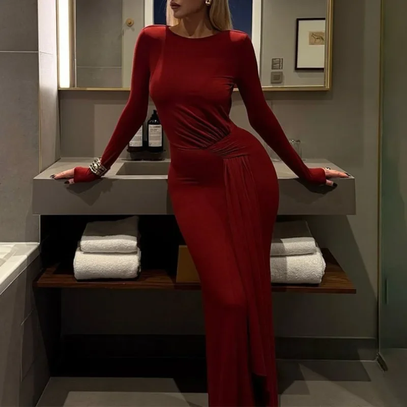 New Fashion Red Women's Round Neck Long-sleeved Backless Slim Dress Elegant Waist Lace-up Solid Color Long Dress Evening Dress
