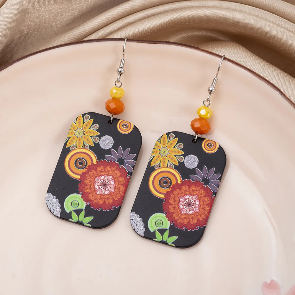 

Geometric Round Corner Stereo Print Ladies Vintage Matching Clay Texture Acrylic Flower Earrings for jewelry Women's Gift