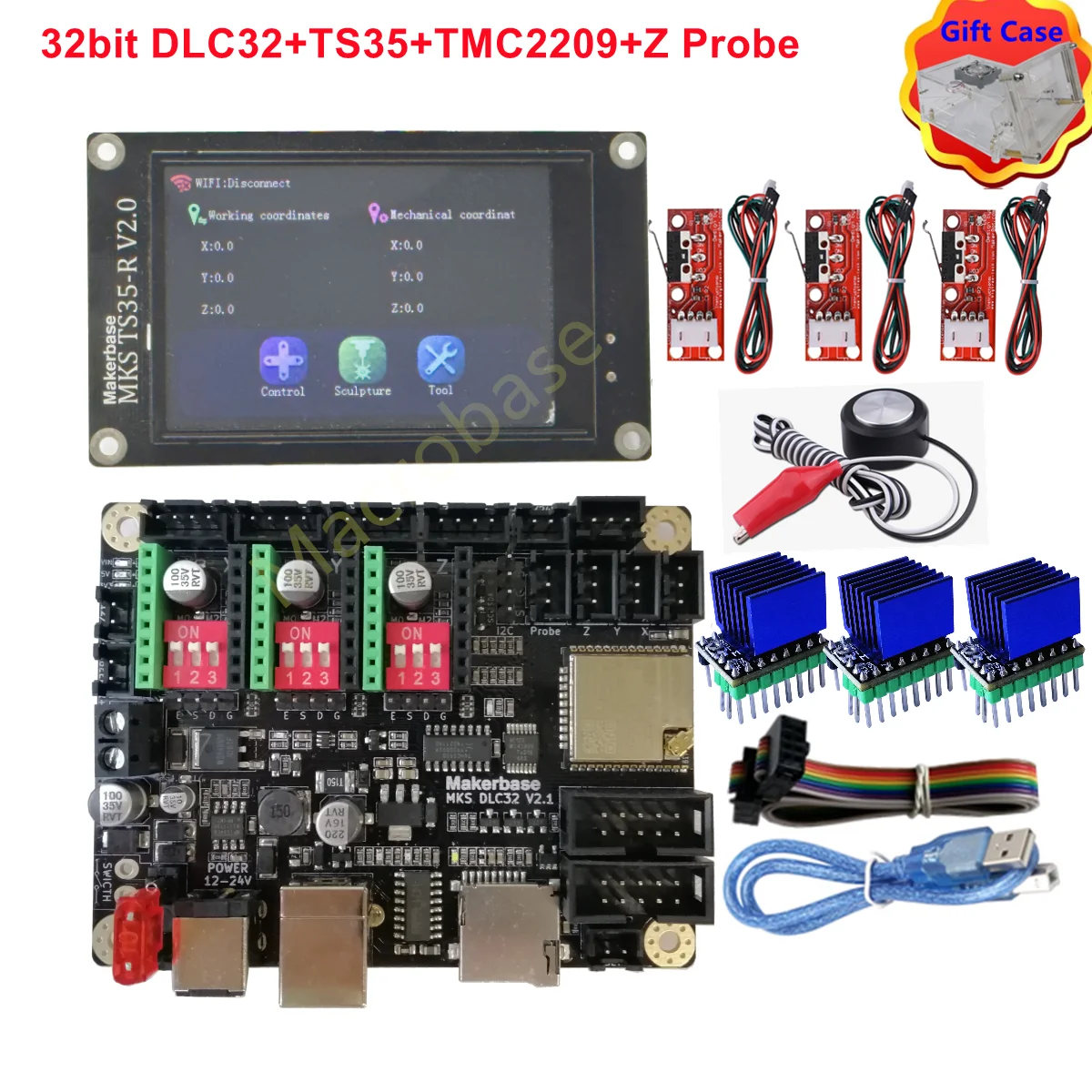 Laser Control Card CNC Upgrade Controller Makerbase MKS DLC32 offline controller 32bits ESP32 WIFI board TS35 touch screen display for portable laser engraving machine laser control card cnc upgrade controller