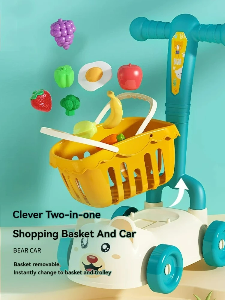 Kids Shopping Cart Trolley Play Set With Food Fruit Vegetables Accessories Play House Educational Toy Simulation Gifts for Girls 2