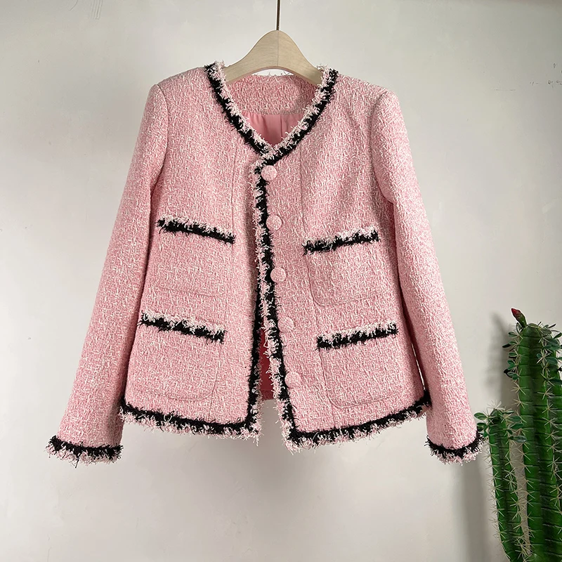 

Runway Fall Winter Women's Luxury All-Match Tweed Woolen Tassels Jacket Coat Chic Brand Pink Patchwork Casaco Outwear